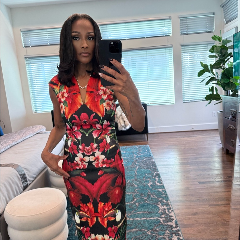 Ted Baker Red and Black Floral Midi Dress